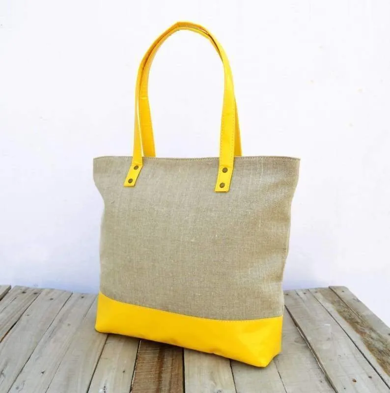 Linen and faux leather tote bag, natural with yellow, classic everyday bag.