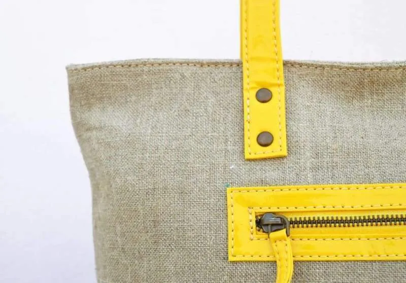 Linen and faux leather tote bag, natural with yellow, classic everyday bag.