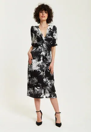 Liquorish Mono Abstract Print Knot Front Midi Dres