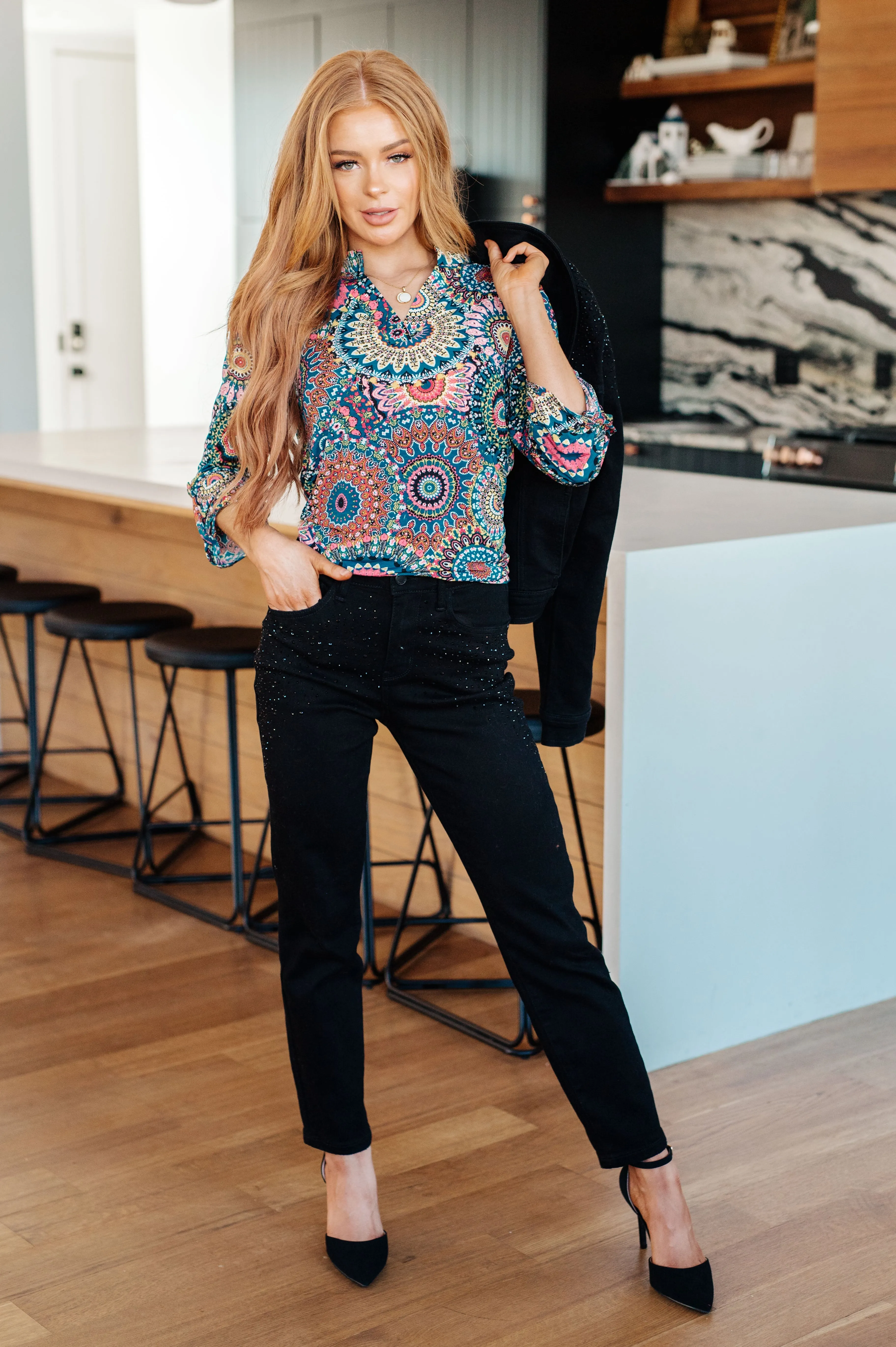 Little Lovely Lizzy Blouse in Teal Medallion