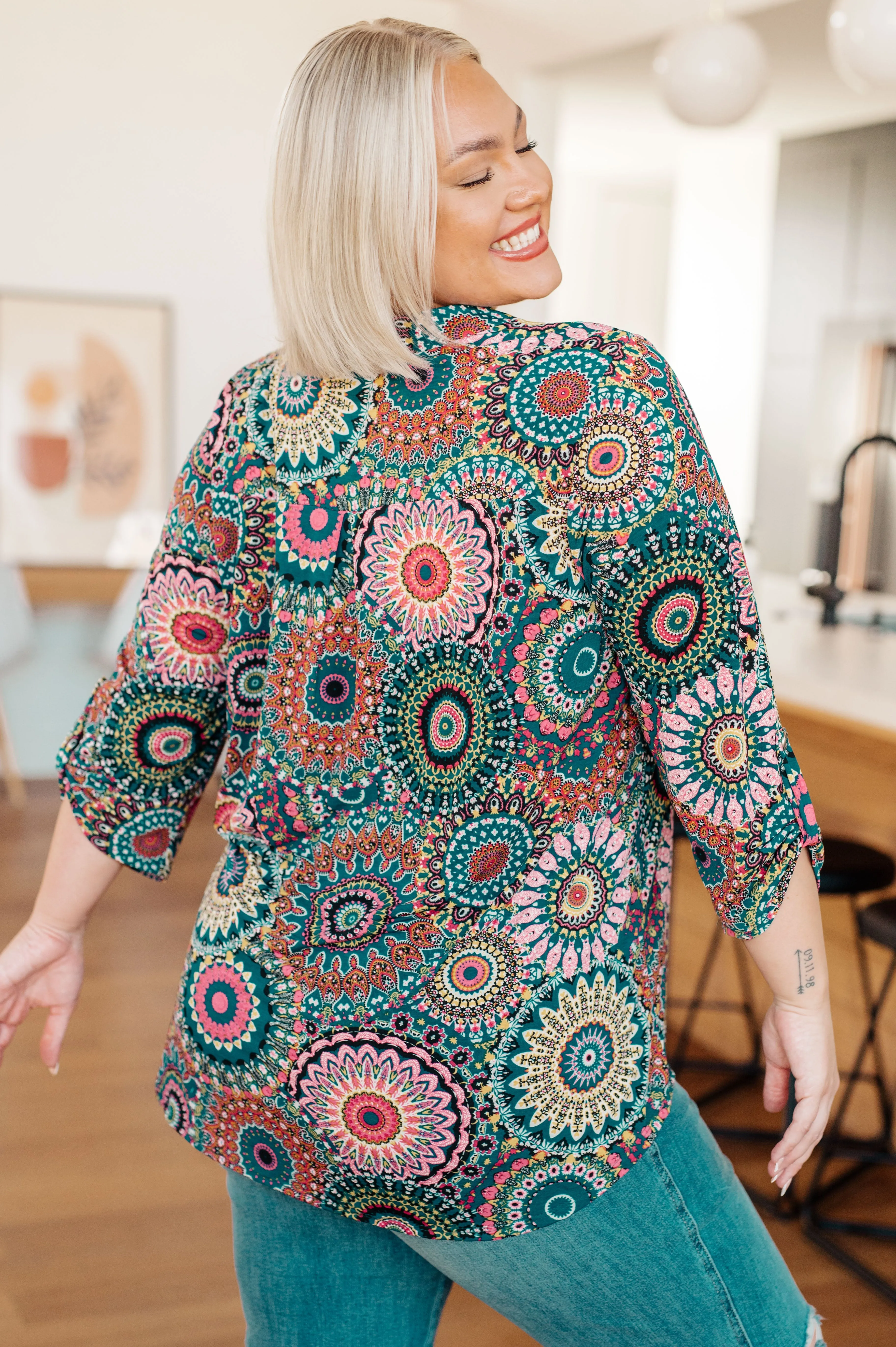 Little Lovely Lizzy Blouse in Teal Medallion