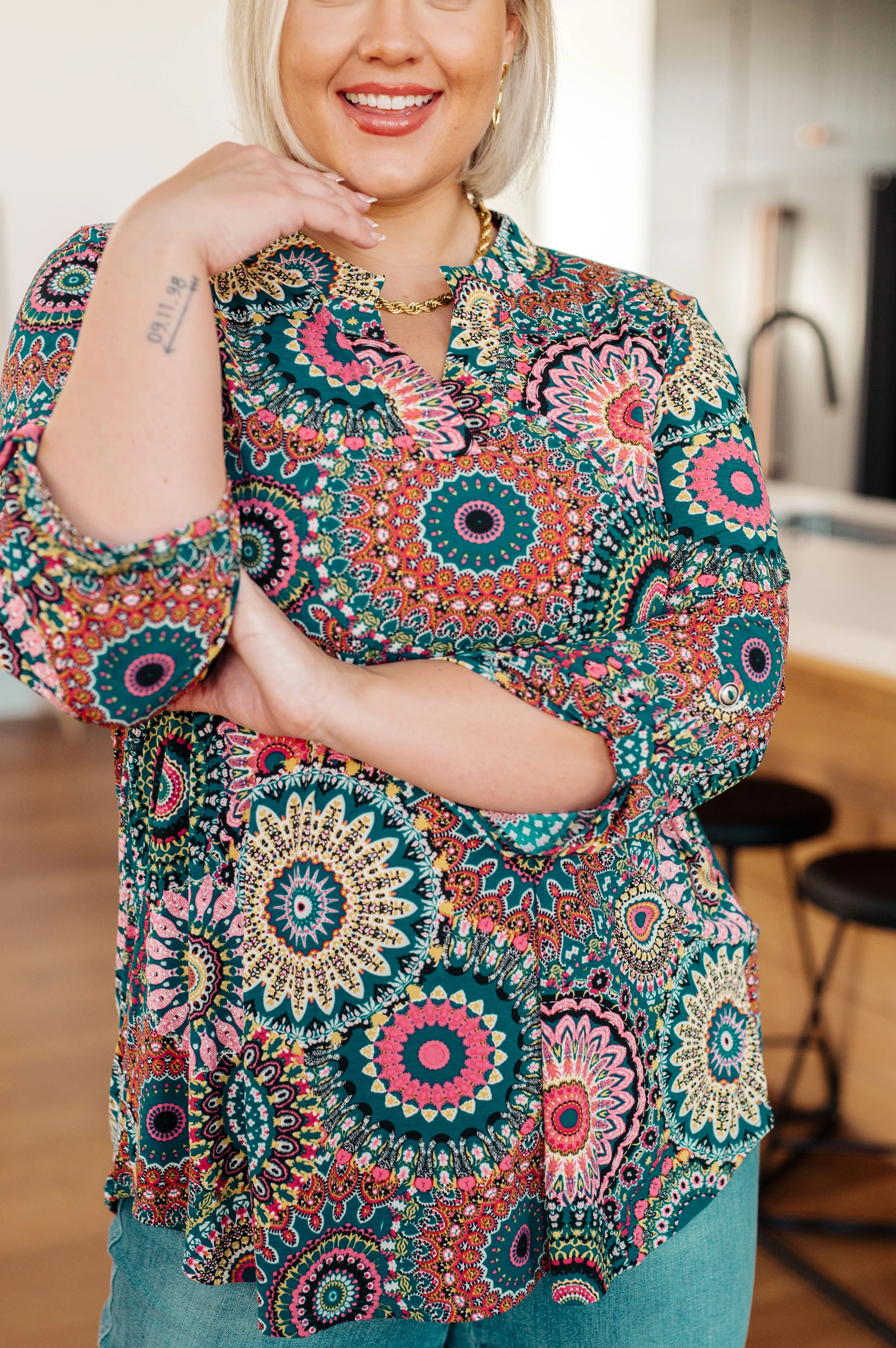 Little Lovely Lizzy Blouse in Teal Medallion