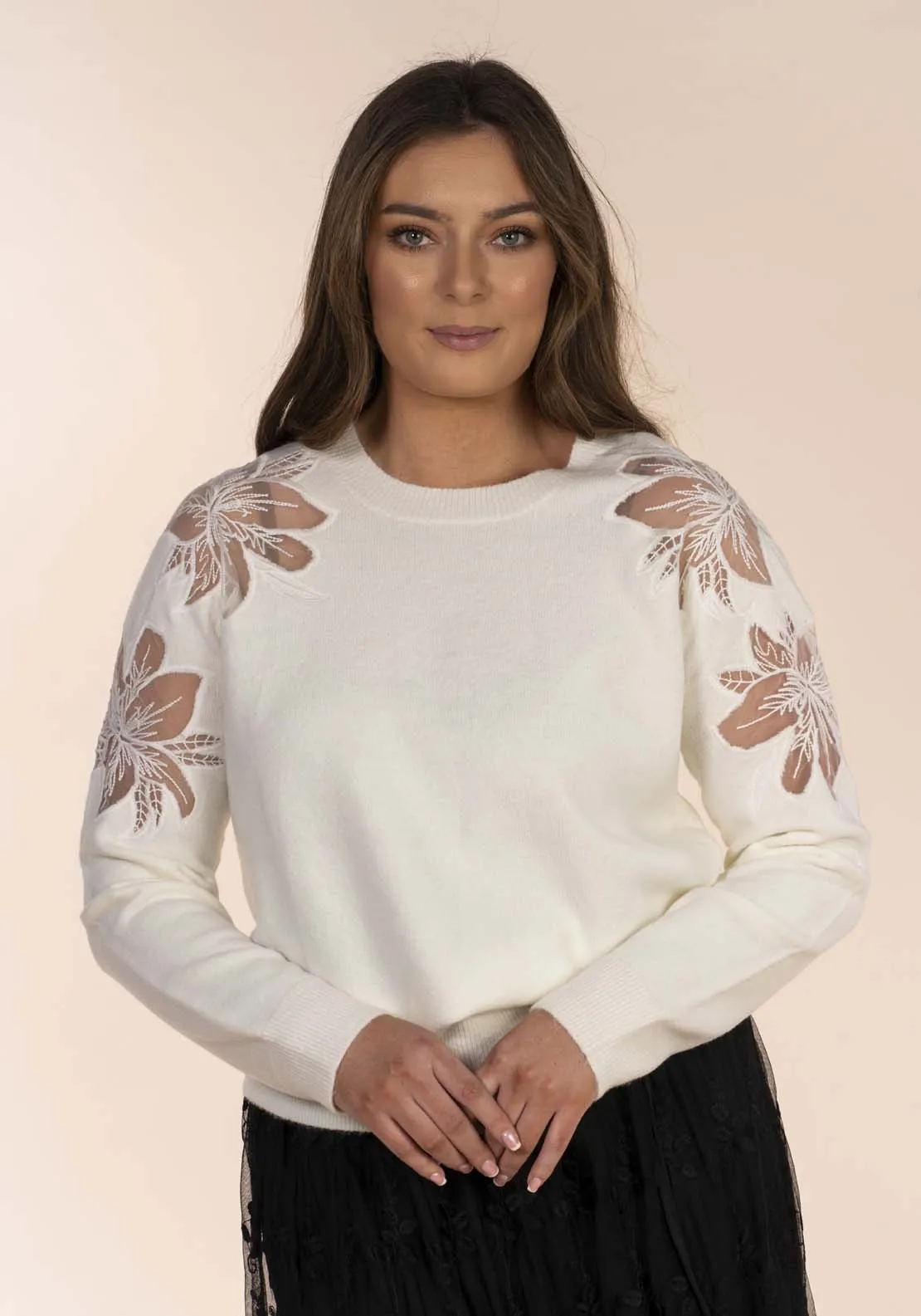 Long Sleeve Lace Shoulder Jumper - Ivory