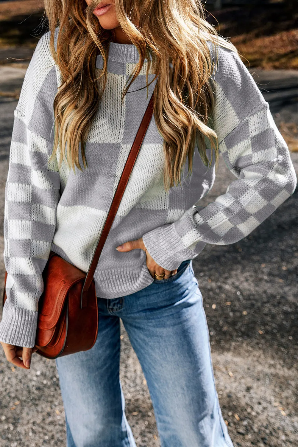 Medium Grey Checkered Print Drop Shoulder Sweater