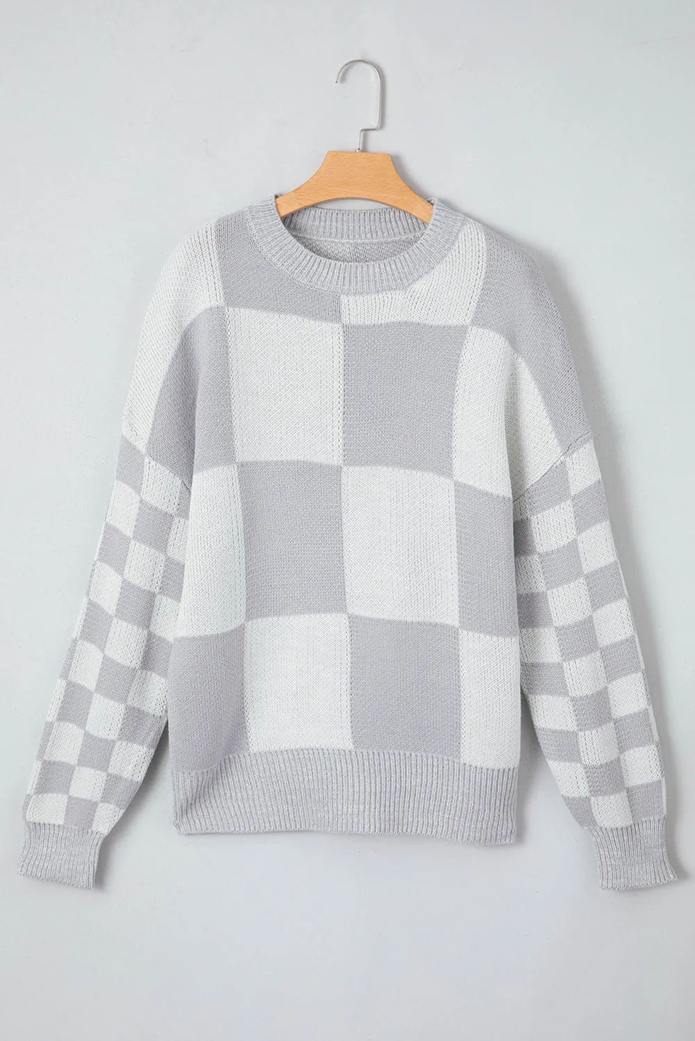 Medium Grey Checkered Print Drop Shoulder Sweater