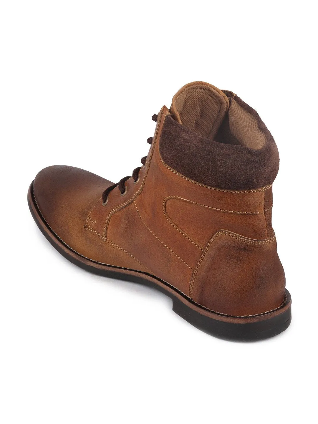 Men Tan Mid Top Lace Up Leather Boots