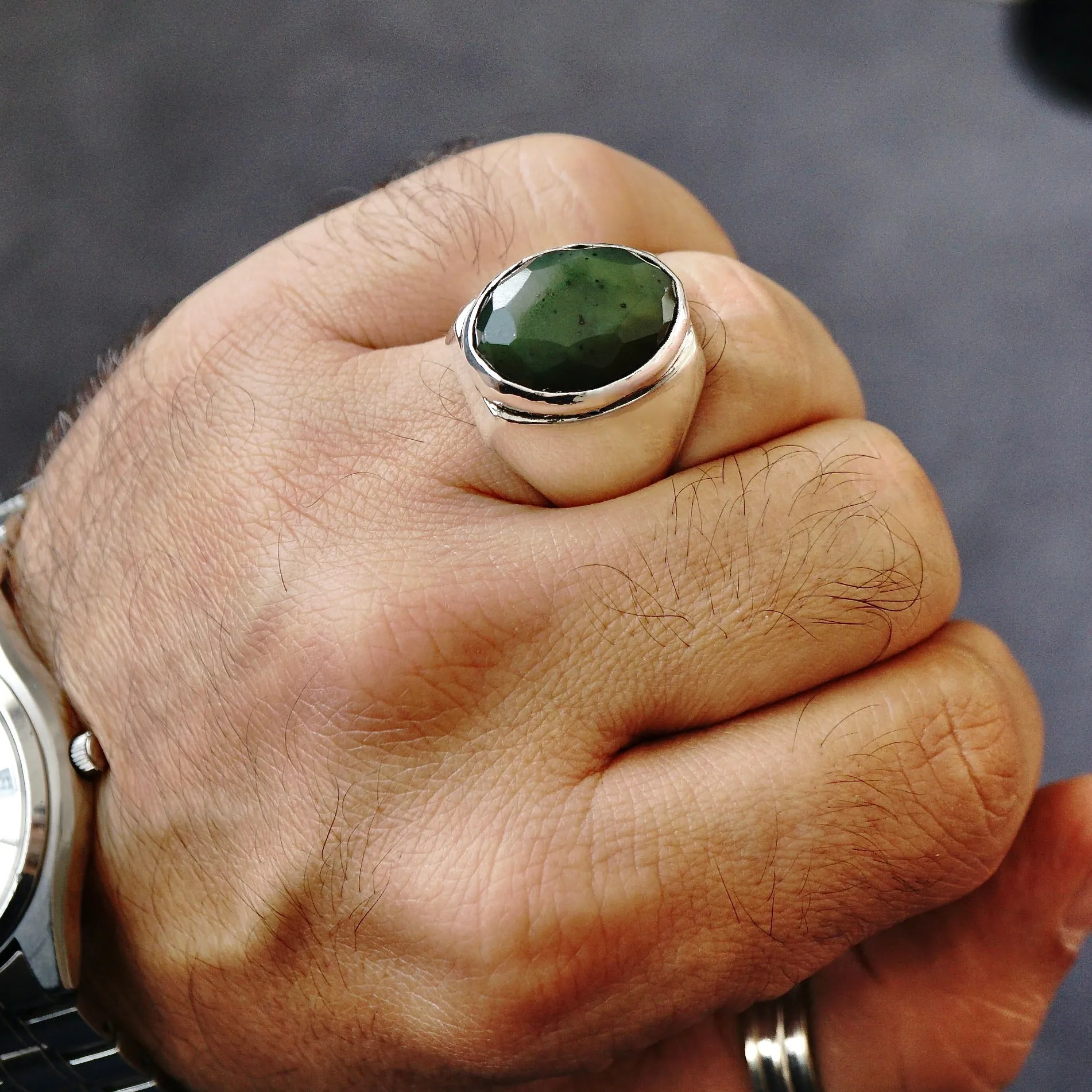 Men's Ring Nephrite Jade solid 925 Sterling Silver natural gemstone Unique Artisan Jewelry