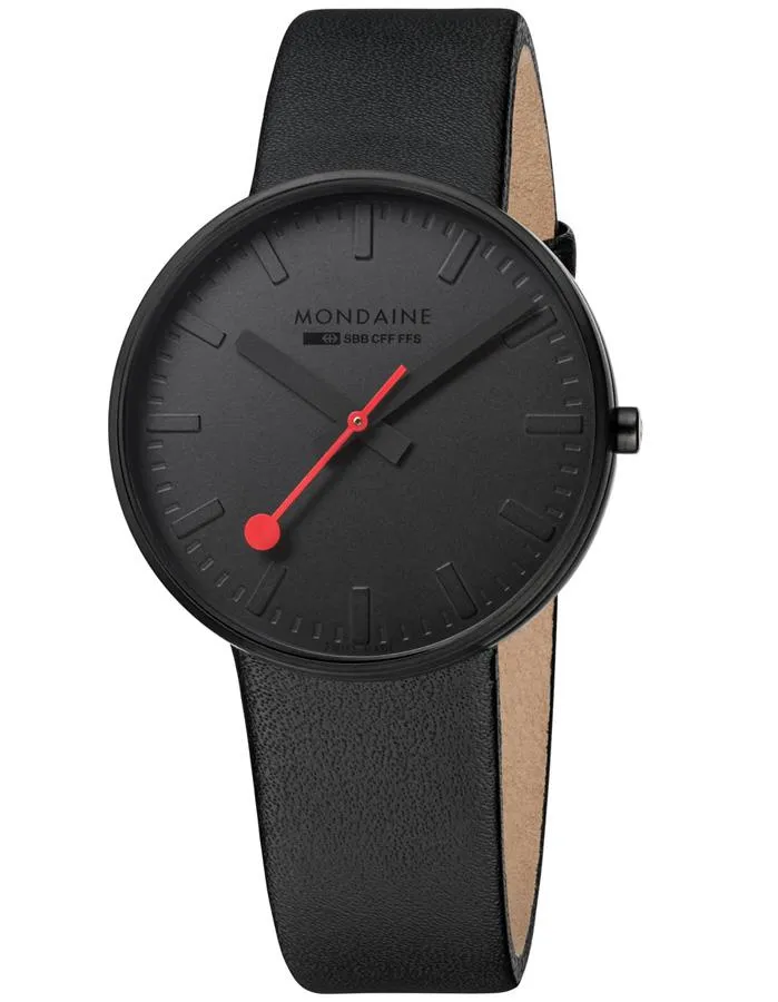 Mondaine Mens Giant - Black IP Steel Case & Dial - Black Strap - Red Accent