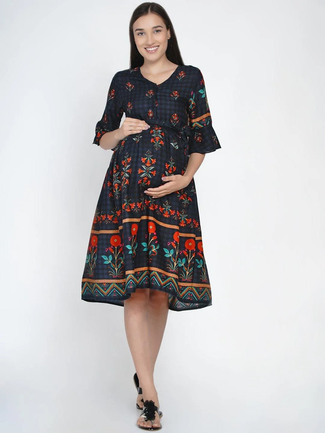 Multicolor border print Fit and Flare Midi Rayon Maternity & Nursing Dress