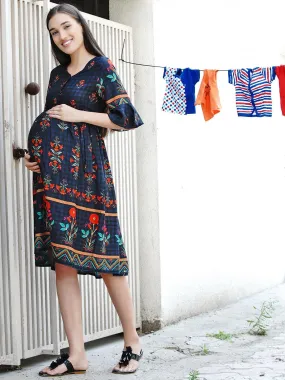 Multicolor border print Fit and Flare Midi Rayon Maternity & Nursing Dress