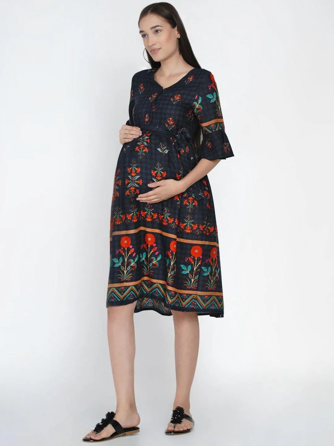 Multicolor border print Fit and Flare Midi Rayon Maternity & Nursing Dress