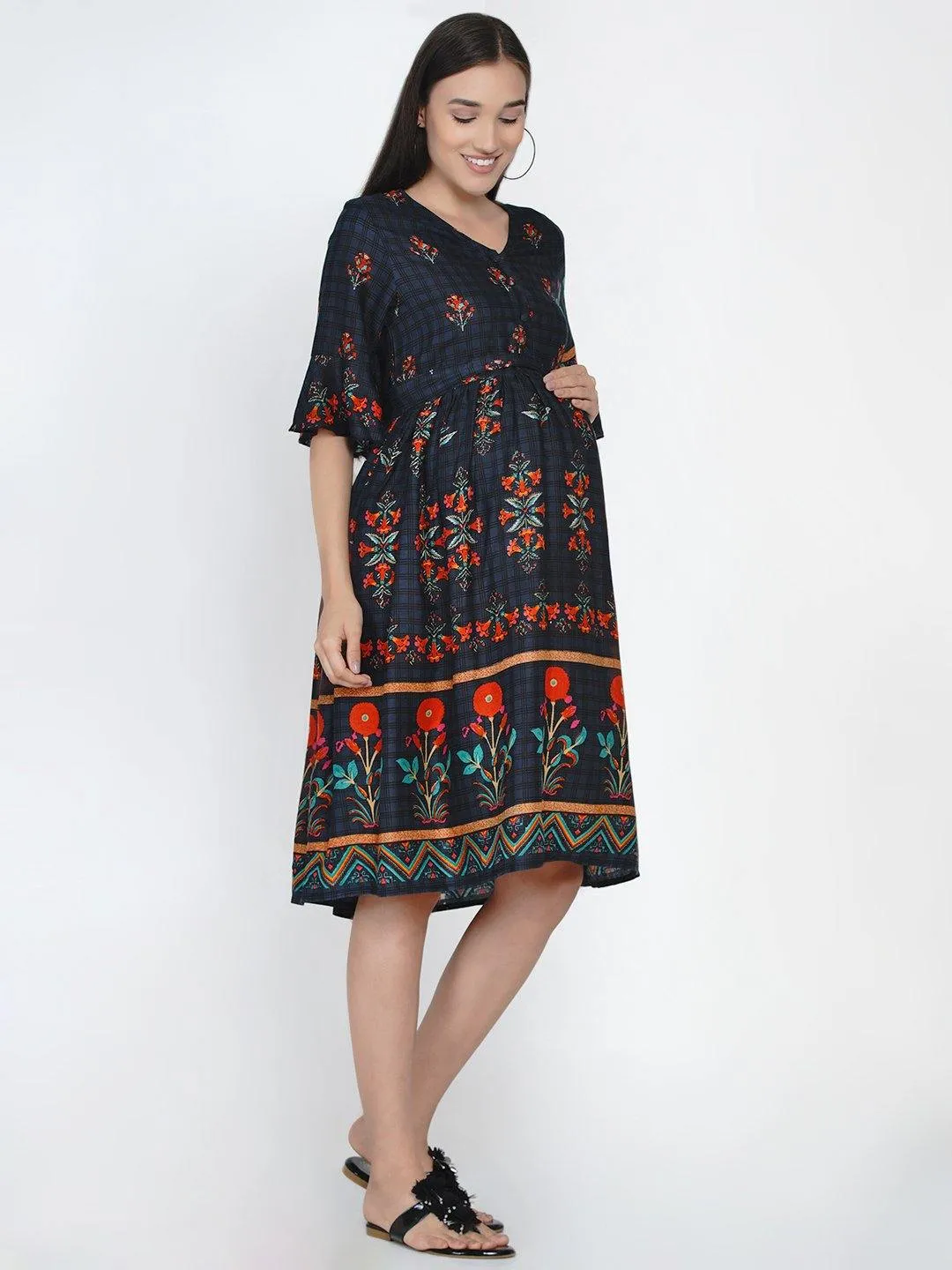 Multicolor border print Fit and Flare Midi Rayon Maternity & Nursing Dress