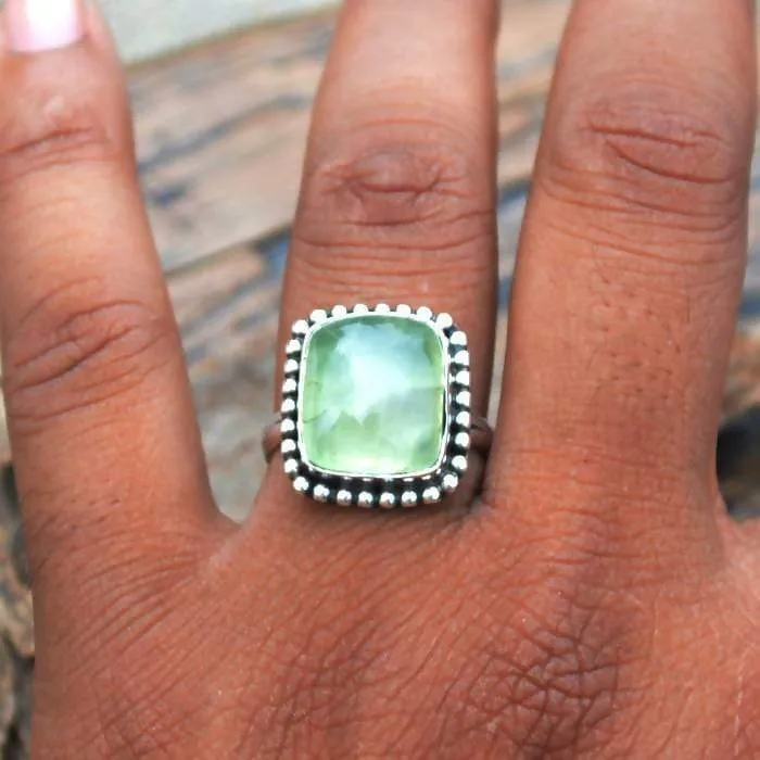 Natural Prehnite Gemstone Ring, 925 Sterling Silver Prehnite Ring, Designer Bezel Work Ring, Natural Prehnite Custom Ring