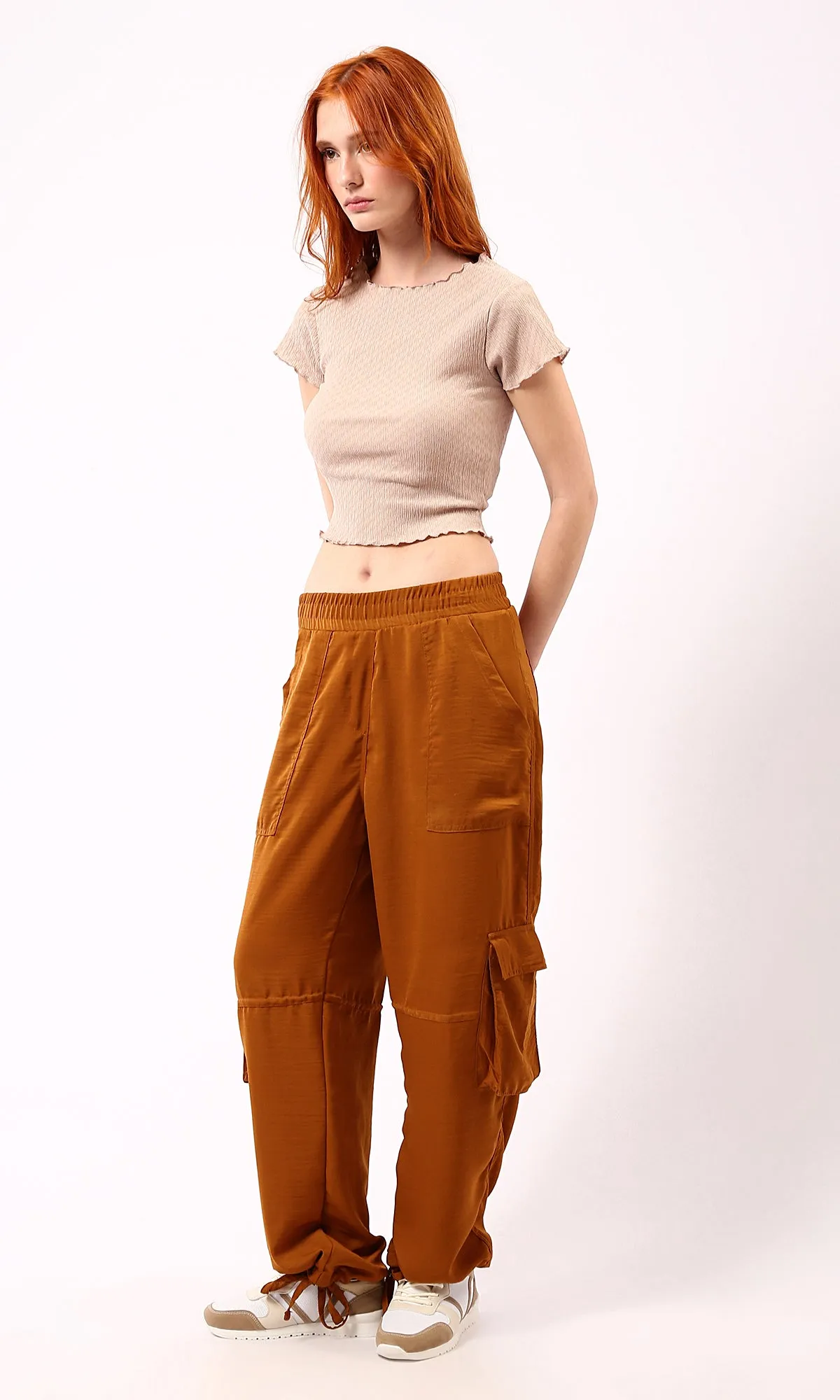 O188382 Dark Beige Casual Textured Cropped Top