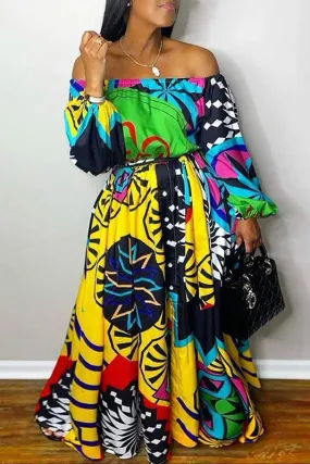 Off The Shoulder Colorful Print Maxi Dress