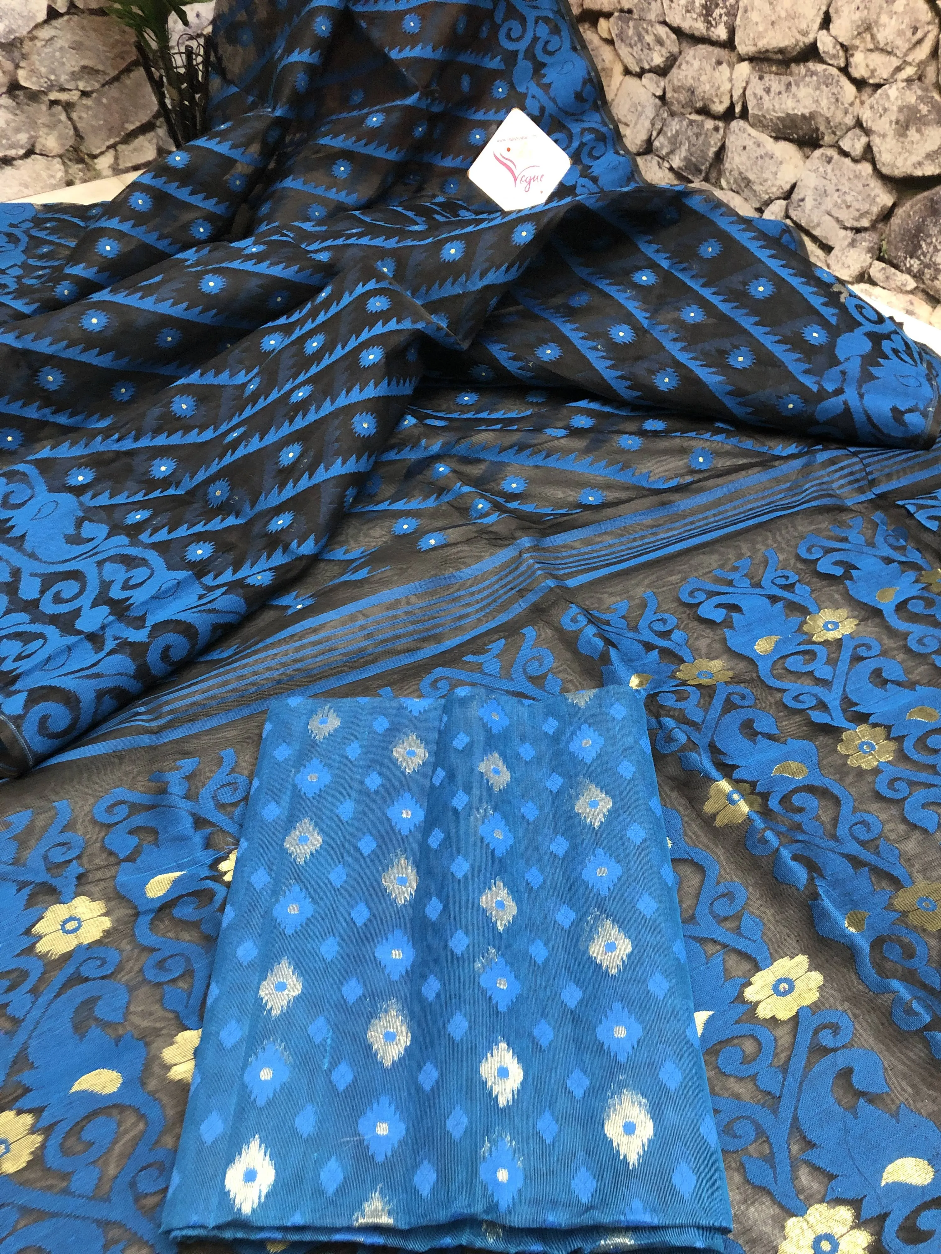 Onyx Black and Blue Color Jamdani Saree