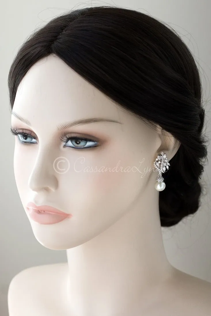 Pearl CZ Earring Drops with Marquise Vine Design