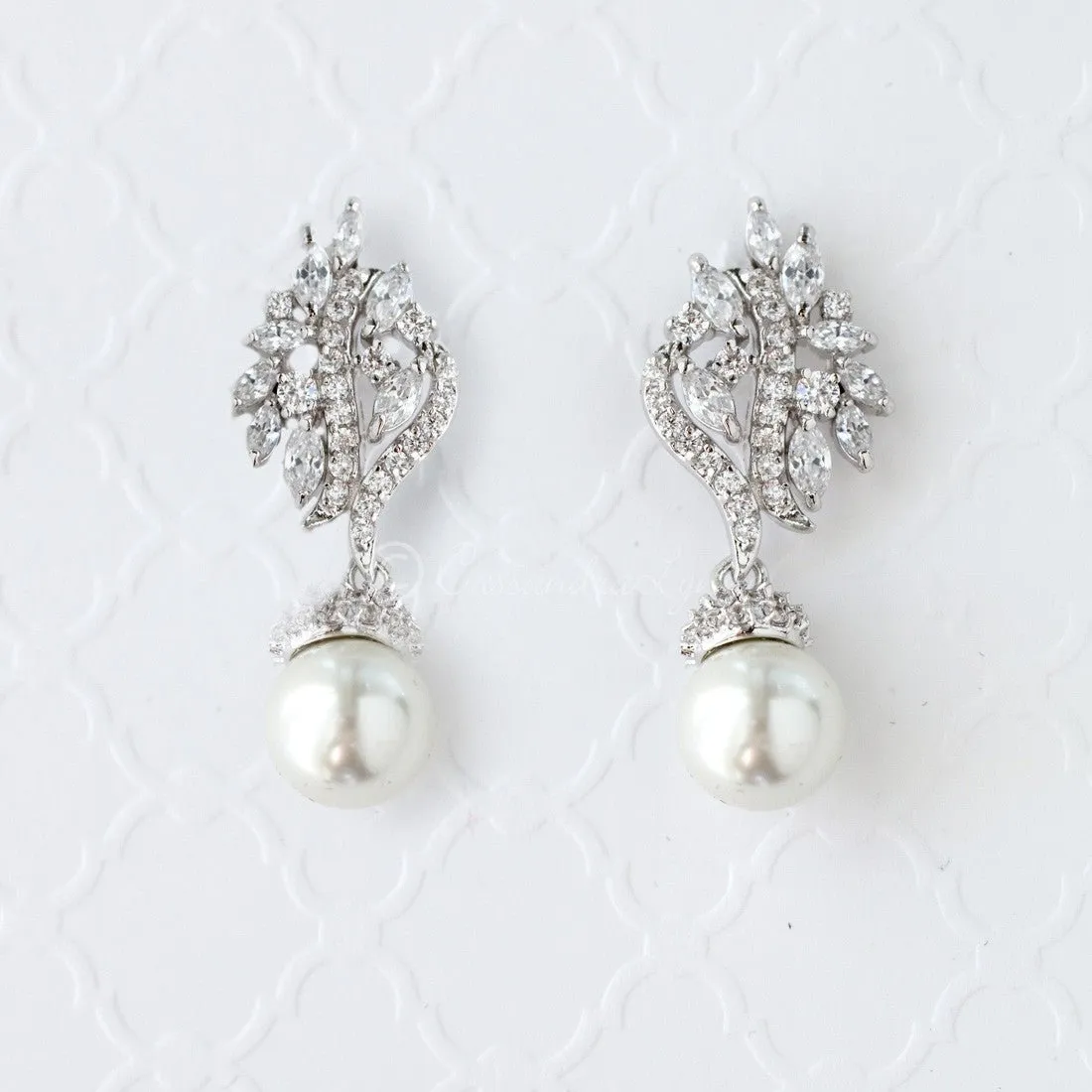 Pearl CZ Earring Drops with Marquise Vine Design