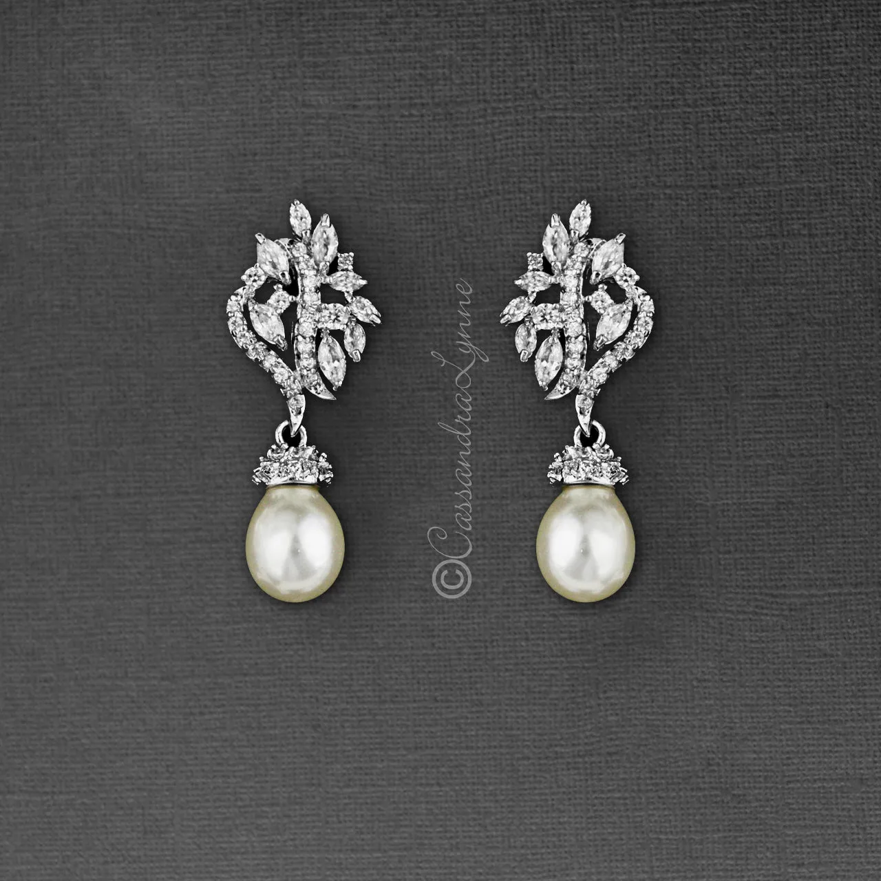 Pearl CZ Earring Drops with Marquise Vine Design