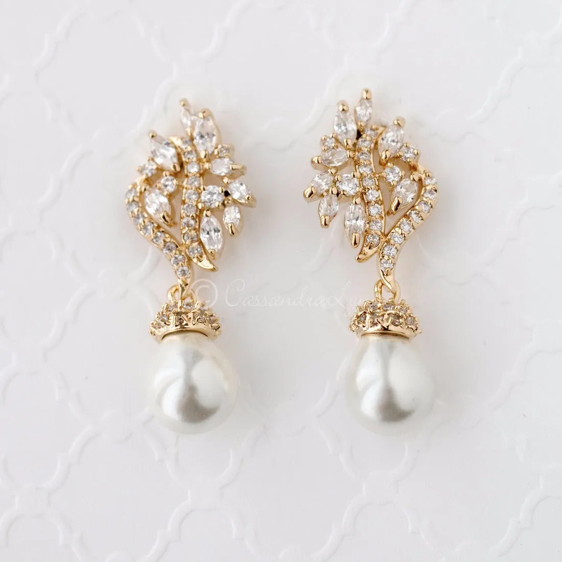 Pearl CZ Earring Drops with Marquise Vine Design