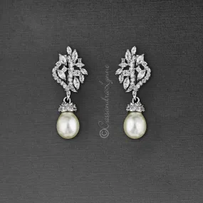 Pearl CZ Earring Drops with Marquise Vine Design