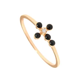 Pearled Cross Diamond Black Ring, Rose Gold, Size 6.25