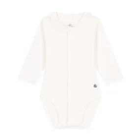 Petit Bateau Long Sleeve Bodysuit with Front Snaps and Ruffle Collar - White