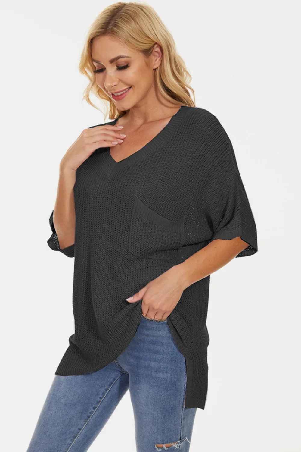 Pocketed V-Neck Half Sleeve Knit Top