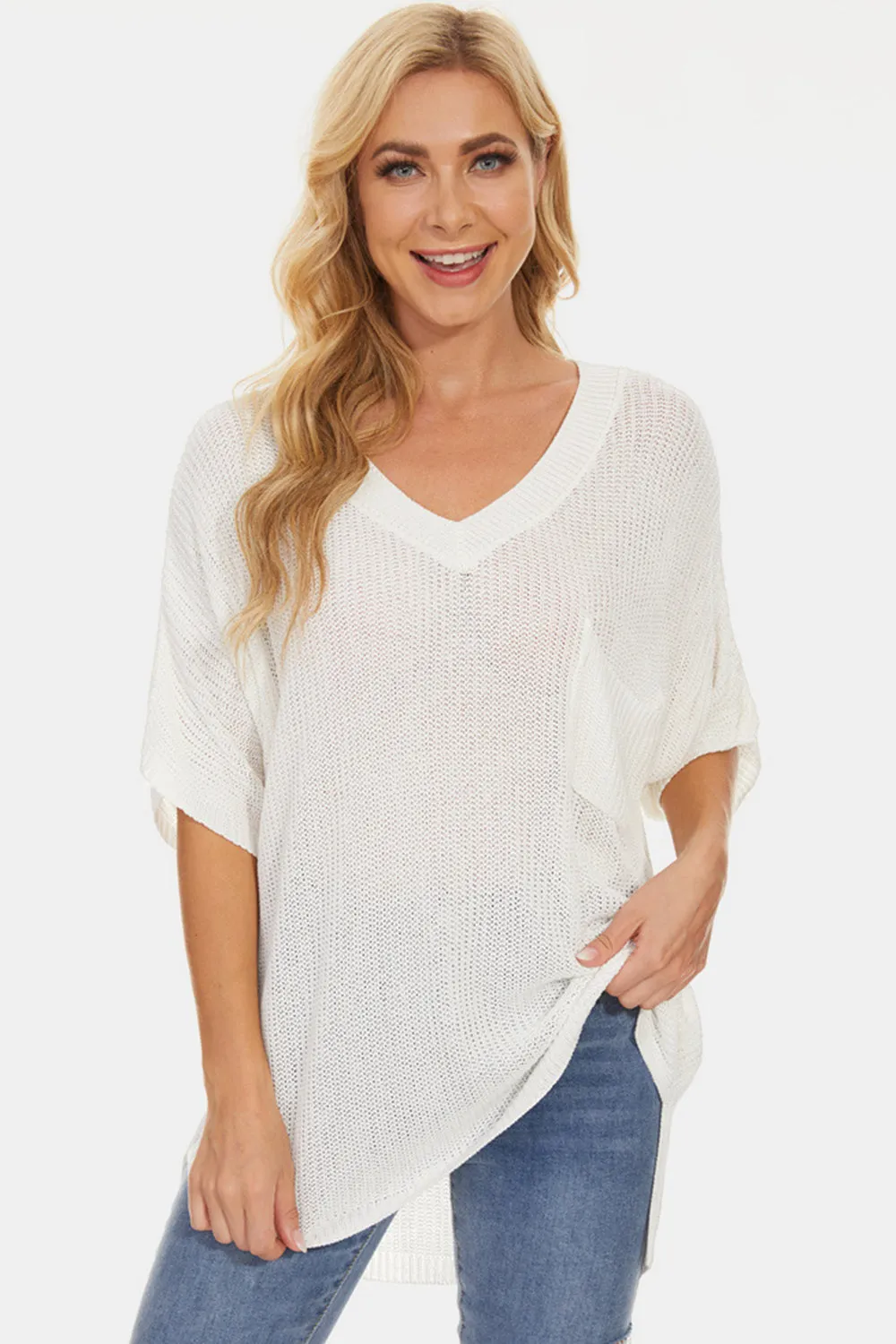 Pocketed V-Neck Half Sleeve Knit Top