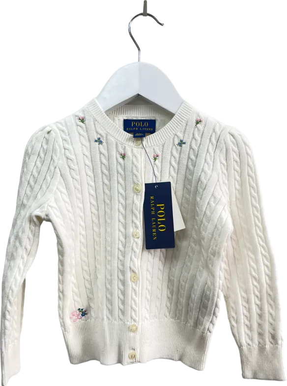 Polo Ralph Lauren White 100% Cotton Cable Knit Cardigan With Embroidered Logo And Flowers BNWT 6 Years