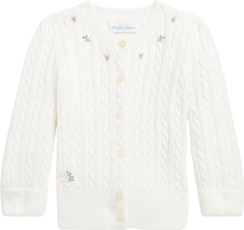 Polo Ralph Lauren White 100% Cotton Cable Knit Cardigan With Embroidered Logo And Flowers BNWT 6 Years