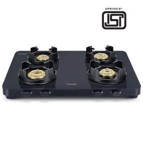 Prestige Edge 4 Burner Glass Gas Stove PEBS 04, Black(ISI Approved) with SCHOTT GLASS