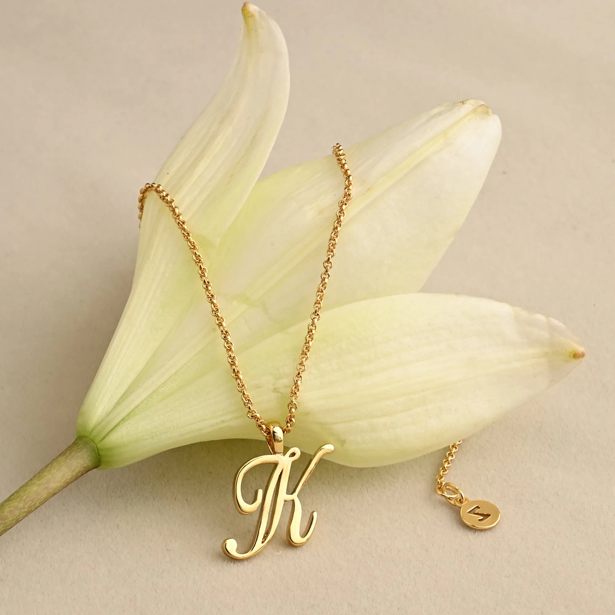 Real Gold-plated Script (K) Initial Pendant Necklace Gold