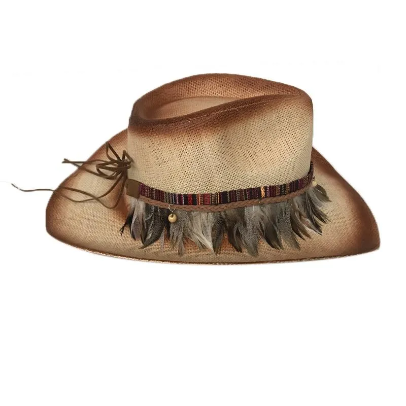 Retro Straw Cowboy Hat with Feather Band