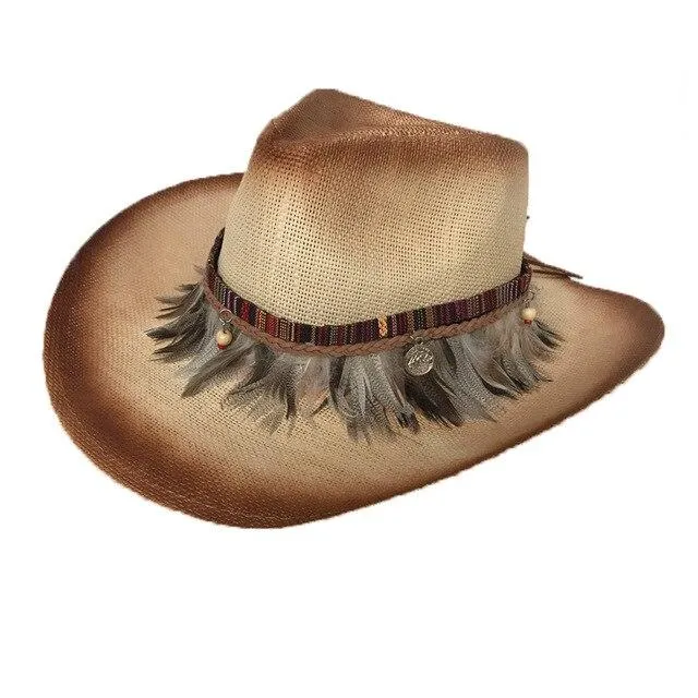 Retro Straw Cowboy Hat with Feather Band