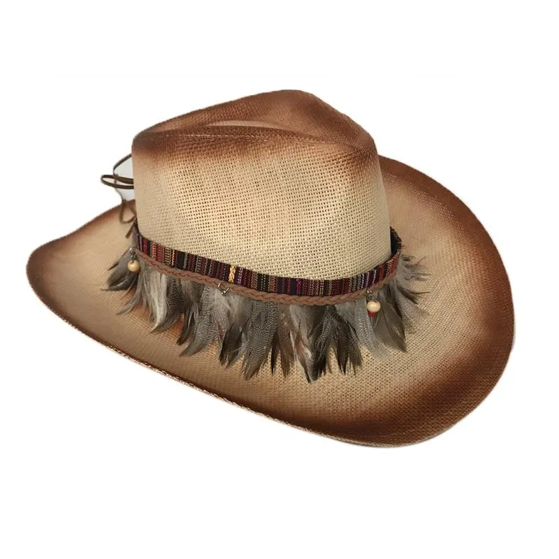 Retro Straw Cowboy Hat with Feather Band