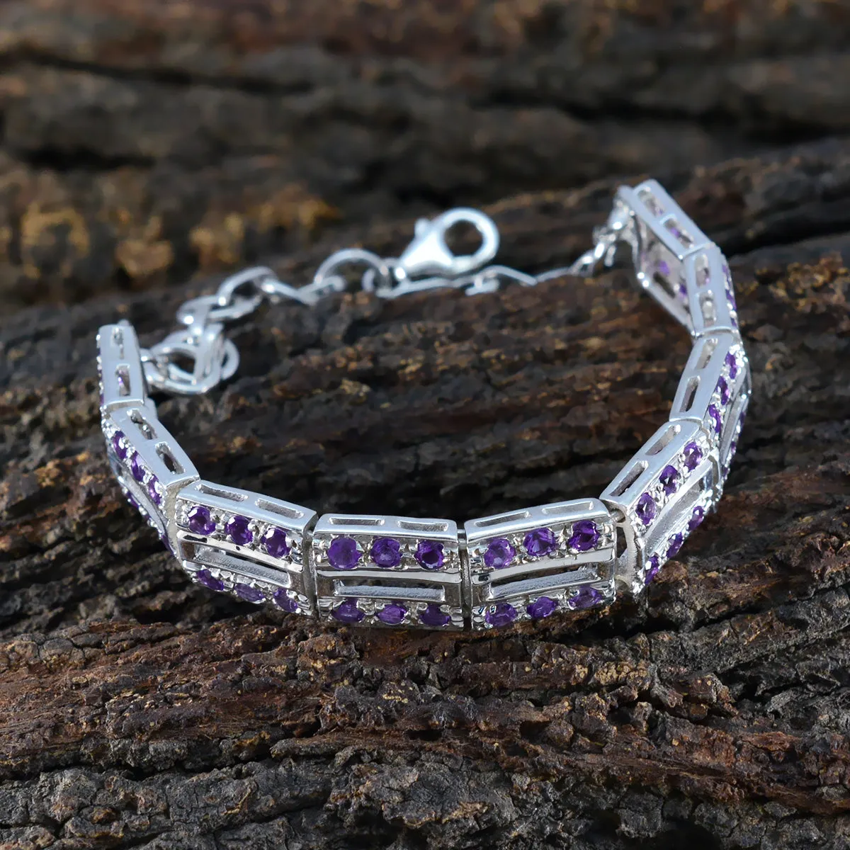 Riyo Exporter 925 Sterling Silver Bracelet For Girl Amethyst Bracelet Bezel Setting Bracelet with Fish Hook Link Charm Bracelet L Size 6-8.5 Inch.