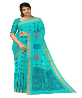 Sea green plain butta handwoven rajahmundry cotton saree