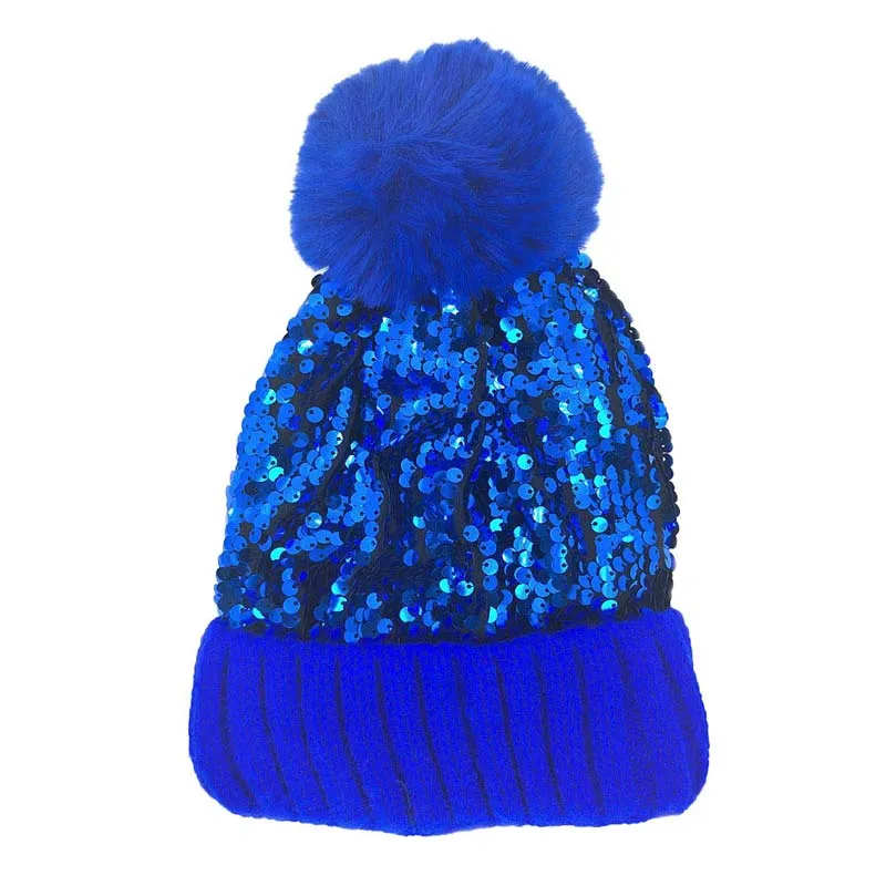 Sequin Pom Pom Knit Beanie Hat