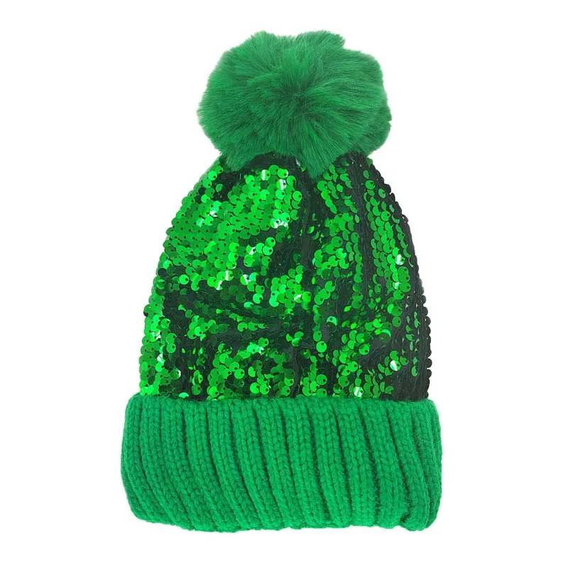 Sequin Pom Pom Knit Beanie Hat