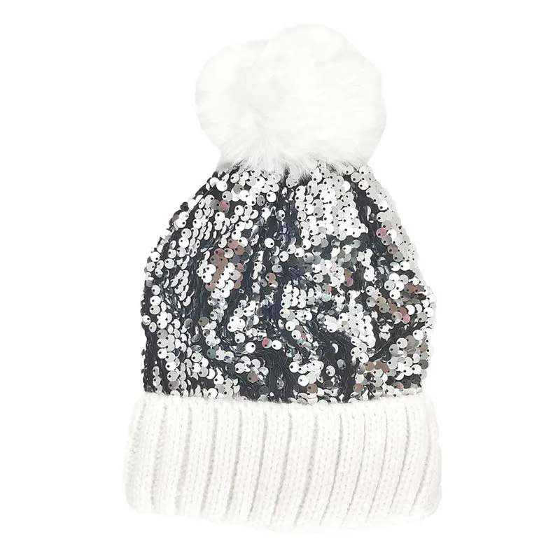 Sequin Pom Pom Knit Beanie Hat