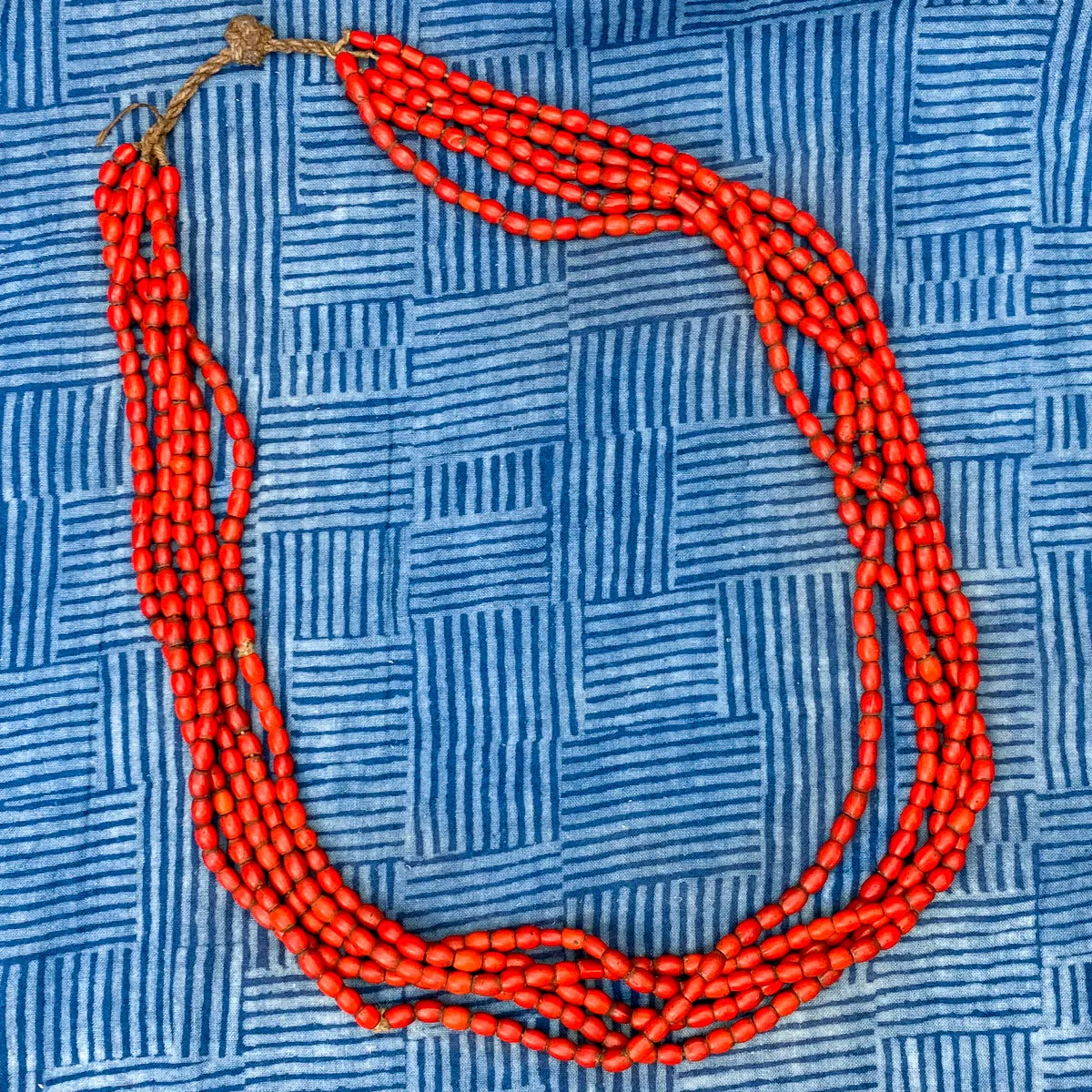 Sherpa Coral Antique Red Glass Multistrand 5 Strand Tamba / Necklace