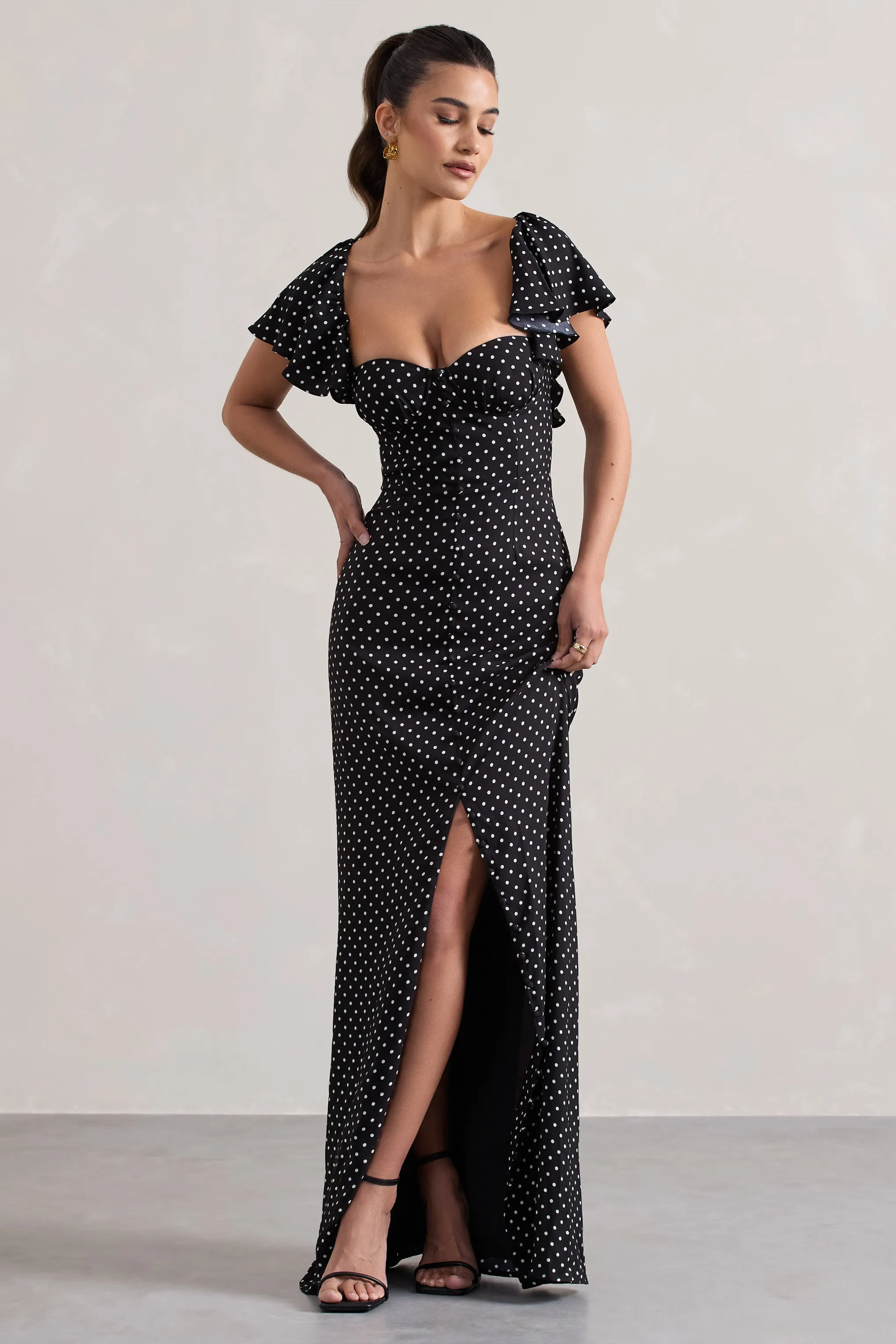 Signorina | Black Polka Dot Buttoned Maxi Dress With Flounced Short Sleeves