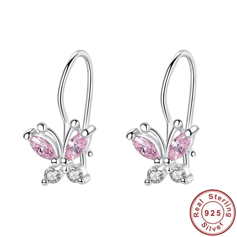 Sparkling Pink Sapphire Cute Butterfly Hoop Earrings - 925 Sterling Silver