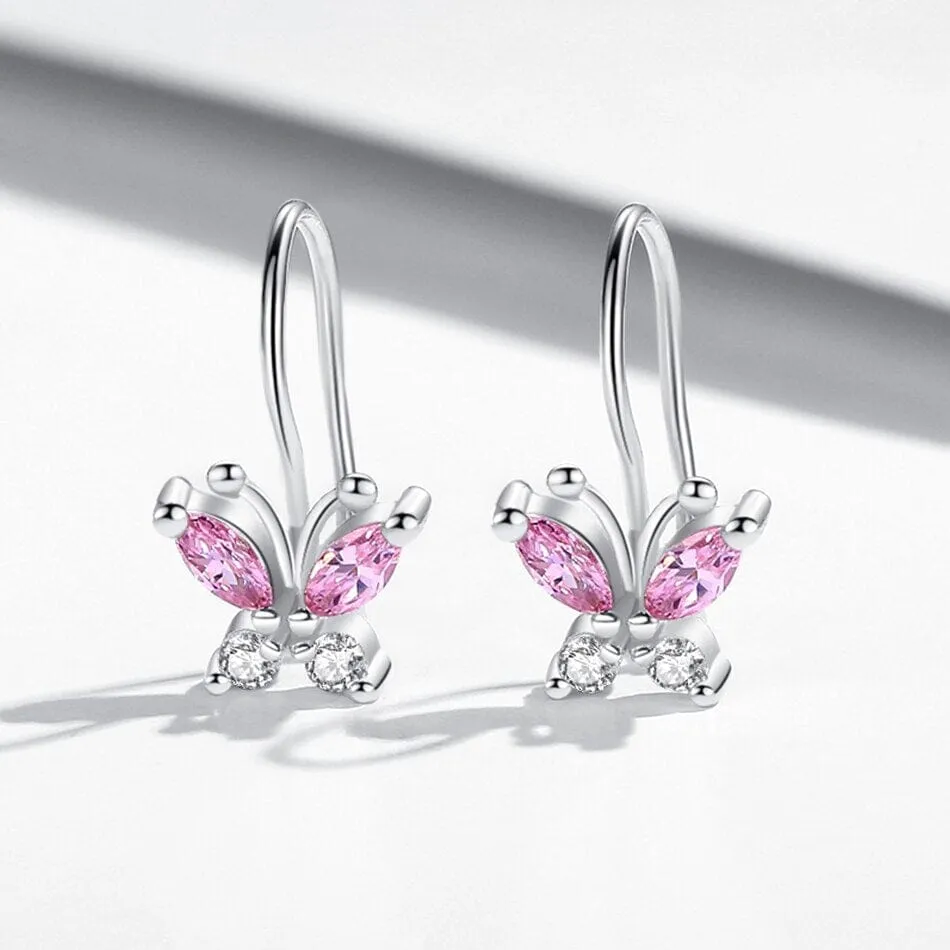 Sparkling Pink Sapphire Cute Butterfly Hoop Earrings - 925 Sterling Silver