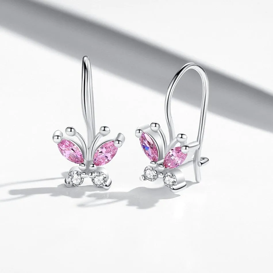 Sparkling Pink Sapphire Cute Butterfly Hoop Earrings - 925 Sterling Silver