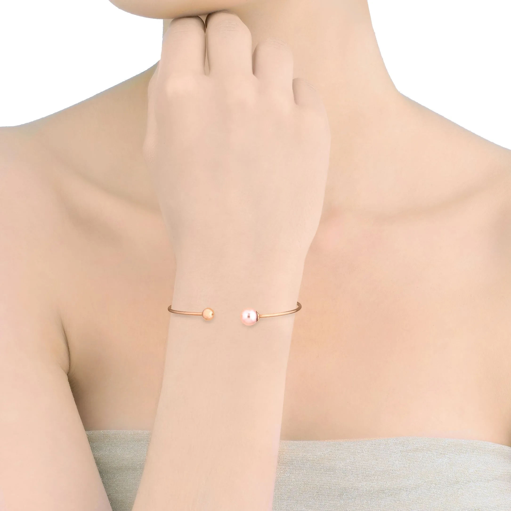 Steel Titanium Rose Gold Plated Bracelet for Women with Organic Pearl and Stainless Steel Ball, 8mm Round Pink Pearl, 20 Diameter, Aura Collection