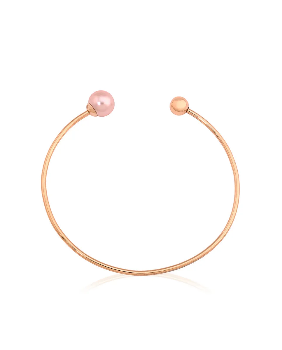 Steel Titanium Rose Gold Plated Bracelet for Women with Organic Pearl and Stainless Steel Ball, 8mm Round Pink Pearl, 20 Diameter, Aura Collection