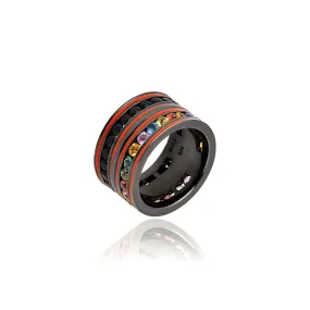 Sterling Silver Stack Ring With Coral Pink Enamel, Black Spinel & Mixed Sapphires