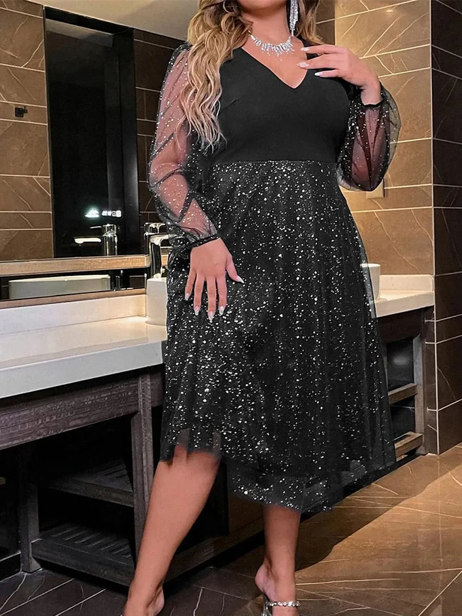 Stylish Plus Size Long Sleeve Polka Dot Mesh Holiday Dress for Women